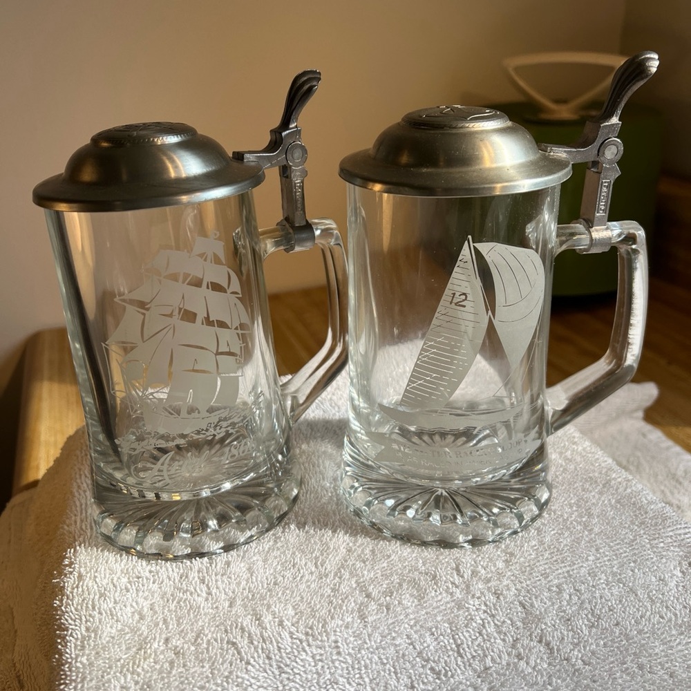 (2)Vtg Old Spice Steins -Ariel 1866 Etched Clipper Ship & 12 Meter Racing Sloop